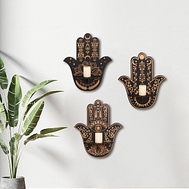 Wooden Hamsa Hand Shelf for Crystals, Witchcraft Floating Wall Shelf, Candle Holder