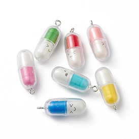 Translucent Plastic Pendants, Pill Capsule Charm, with Platinum Tone Iron Loops
