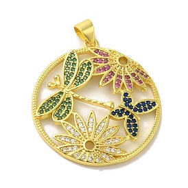 Brass Micro Pave Colorful Cubic Zirconia Pendants, Flat Round with Butterfly & Dragonfly Charms