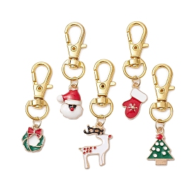 5Pcs Christmas Theme Alloy Enamel Pendant Decoration, Swivel Lobster Claw Clasps Charms for Backpack Key Chain Ornaments, Deer/Santa Claus/Christmas Tree