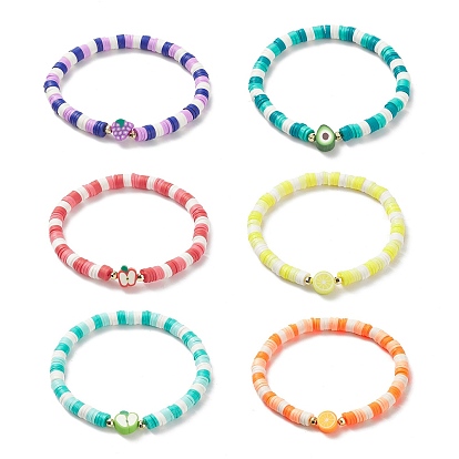 6Pcs 6 Style Handmade Polymer Clay Heishi Surfer Stretch Bracelets Set, Pomelo & Grap & Avocado & Lemon Fruit Theme Preppy Bracelets for Women