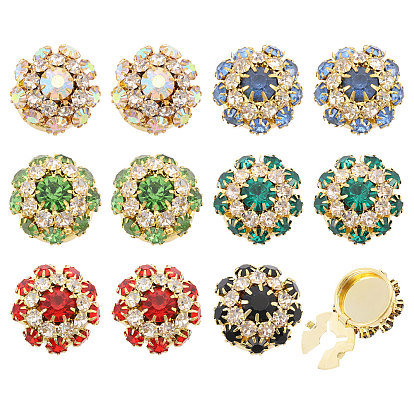 12Pcs 6 Colors Brass Rhinestone Cufflinks, Flower, Golden