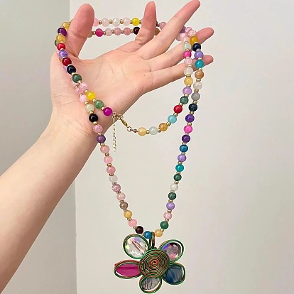 Длинные ожерелья с круглыми бусинами из цветочного сплава, алюминия и стекла для женщин