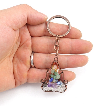 Copper Wire Wrapped Gemstone Chips Yoga Pendant Keychains, for Car Key Backpack Pendant Accessories