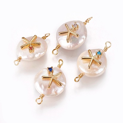 Natural Pearl Links Connectors, with Cubic Zirconia and Brass Findings, Flat Round with Star