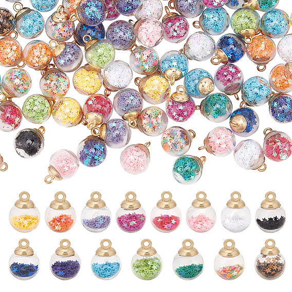 180 шт 15 цвета подвески из стеклянных шариков, с блестками звездного блеска и позолоченными пластиковыми чашечками, круглые