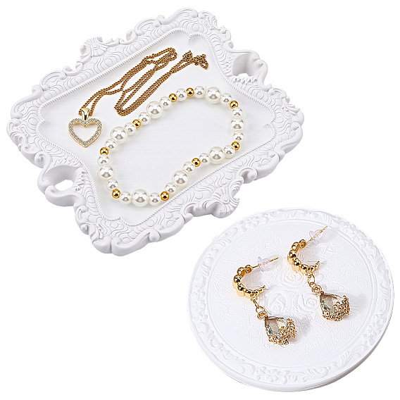 2шт. 2 стили винтажных подносов из смолы для демонстрации ювелирных изделий, прямоугольник и плоский круглый