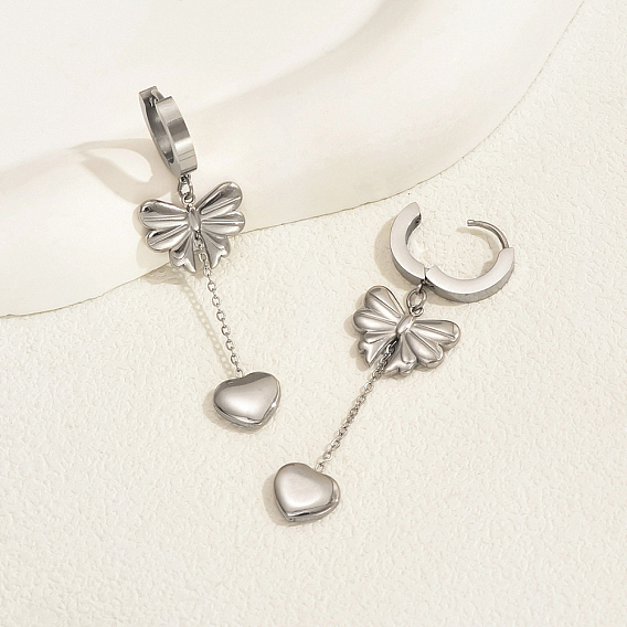 Сердечко 201 серьги-кольца с длинными кисточками и бантом из нержавеющей стали, модно и красиво