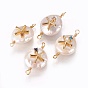 Natural Pearl Links Connectors, with Cubic Zirconia and Brass Findings, Flat Round with Star