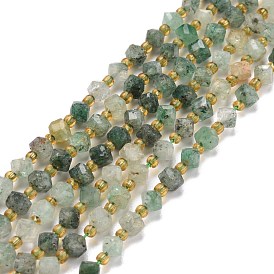 Natural Green Strawberry Quartz Beads Strands, with Seed Beads, Faceted, Diagonal Cube Beads