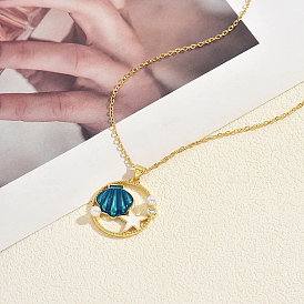 Кольцо из богемской океанической латуни с эмалью и имитацией жемчуга, подвеской в виде морской звезды и ракушки для женщин, золотые