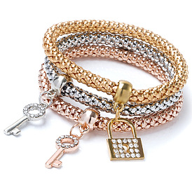 Sparkling Tricolor Popcorn Corn Chain with Diamond Key Lock Pendant Bracelet for Women