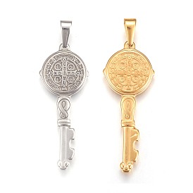 304 Stainless Steel Big Pendants, Key with Saint Benedict Medal