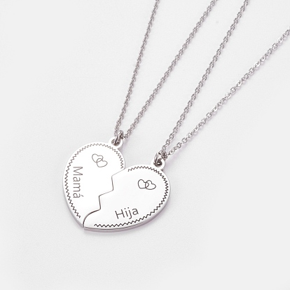 Mother's Day Jewelry, 304 Stainless Steel Pendant Necklaces, with Cable Chain and Lobster Claw Clasps, For Mother and Daughter, Split Heart