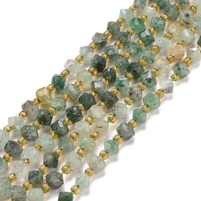 Natural Green Strawberry Quartz Beads Strands, with Seed Beads, Faceted, Diagonal Cube Beads