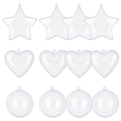 12sets 3 Style Openable Transparent Plastic Pendants, Fillable Plastic Bauble Christmas Ornament, Mixed Shapes