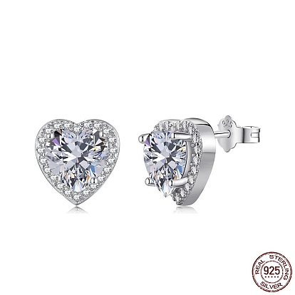 925 Sterling Silver Micro Pave Cubic Zirconia Ear Studs for Women, with S925 Stamp, Heart