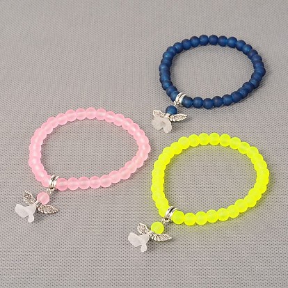 Stretchy Frosted Glass Beads Charm Bracelets, with Tibetan Style Acrylic Findings, Lovely Wedding Dress Angel Dangle, 51mm