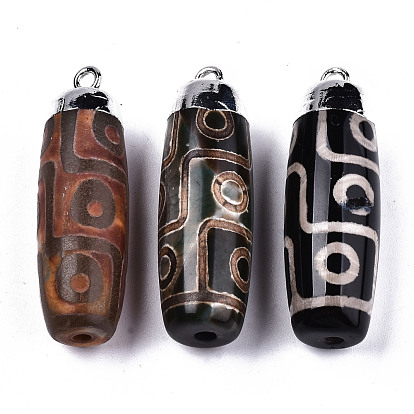 Tibetan Style 9-EyedZi Pendants, Natural Agate Rice Pendants, with Platinum Brass Findings and Iron Loop, Dyed, Barrel