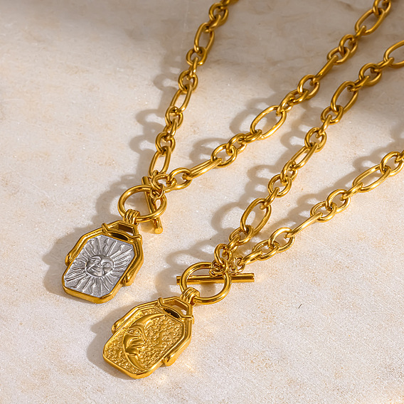 304 Colliers pour femmes en acier inoxydable, double face, rectangulaires, avec pendentif lune et soleil.