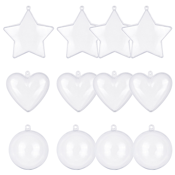 12sets 3 Style Openable Transparent Plastic Pendants, Fillable Plastic Bauble Christmas Ornament, Mixed Shapes
