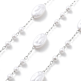 Цепочки из нержавеющей стали ручной работы 304, с ABS имитации жемчуга, пайки, овальные, с катушкой