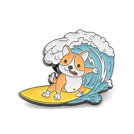 Dog Surfing Enamel Pin, Cute Animal Alloy Enamel Brooch for Backpack Clothes, Gunmetal