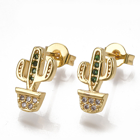 Brass Micro Pave Cubic Zirconia Ear Studs, with Ear Nuts, Cactus