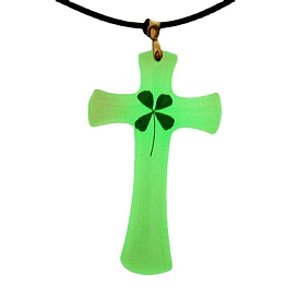 Luminous Resin Cross with Clover Pendant Necklace, Glow In The Dark Necklace with Waxed Cotton Cord for Women