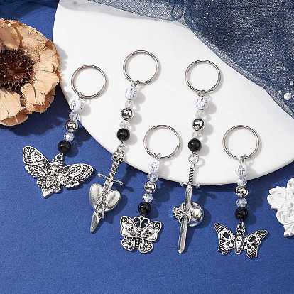 Porte-clés pendentif en alliage d'émail, avec porte-clés fendus en fer et perles acryliques, papillon/mite/épée/cœur avec crâne