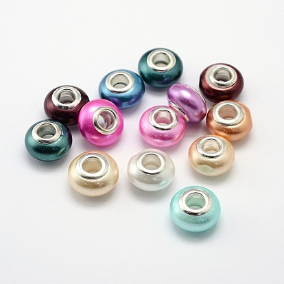 Shell Pearl Large Hole Rondelle European Beads, with Double Silver Color Plated Brass Cores, 14x9mm, Hole: 4.5mm
