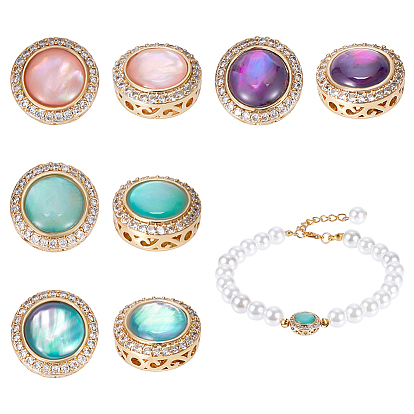 8 шт. 4 цвета латунные микро-паве кубические циркониевые бусины, с кошачий глаз, плоско-круглые