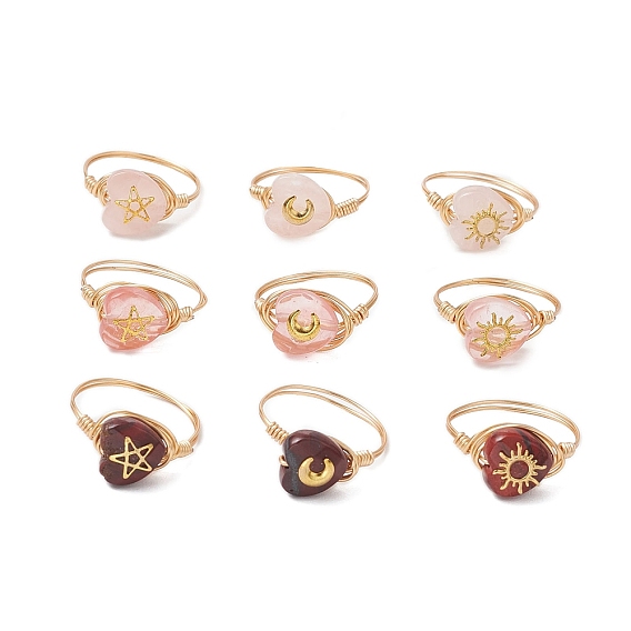 Кольца из латуни и вишневого кварца, розового кварца, натуральной красной радужной яшмы для женщин, сердце/ звезда/ луна/ солнце