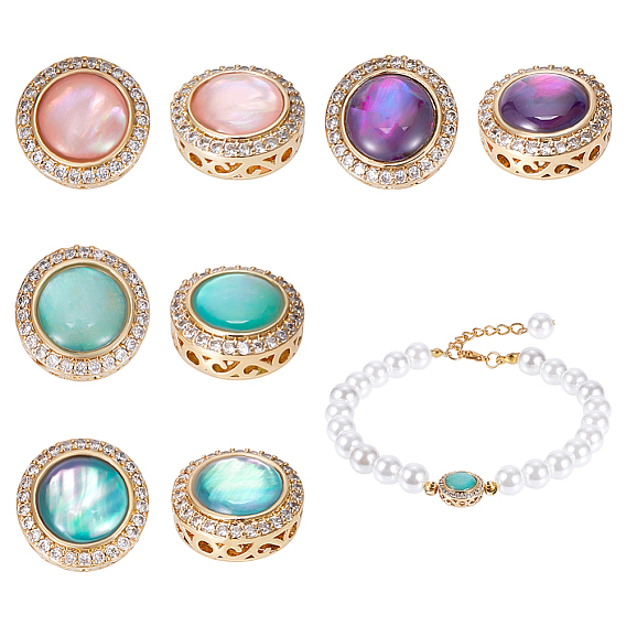 8 шт. 4 цвета латунные микро-паве кубические циркониевые бусины, с кошачий глаз, плоско-круглые