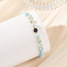 Natural Larimar Beaded Bracelets, with Natural Lava Rock Round Beads and Electroplate Non-magnetic Synthetic Hematite Beads