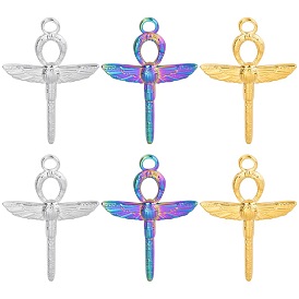 201 Stainless Steel Pendants, Ankh Cross with Dragonfly Charm