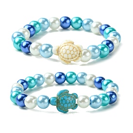 2Pcs 2 Colors 8mm Round Baking Painted Pearlized Glass Pearl Beaded Stretch Bracelet Sets, Summer Beach Dyed Synthetic Turquoise Turtle Stackable Bracelets