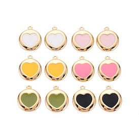 Brass Enamel Pendants, Nickel Free, Real 18K Gold Plated, Flat Round with Heart