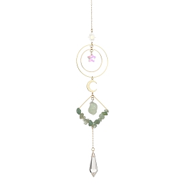 Natural Green Aventurin Chip Beaded Hanging Suncatchers, Brass Ring & Teardrop Glass Charms for Home Decorations