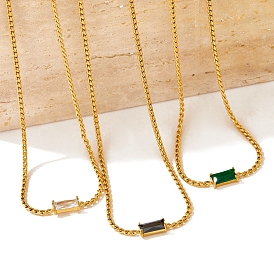 Ion Plating(IP) Stainless Steel Rhinestone Rectangle Pendant Necklaces