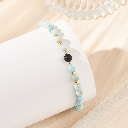 Natural Larimar Beaded Bracelets, with Natural Lava Rock Round Beads and Electroplate Non-magnetic Synthetic Hematite Beads