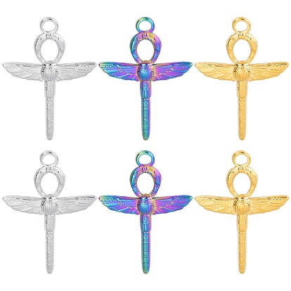 201 Stainless Steel Pendants, Ankh Cross with Dragonfly Charm