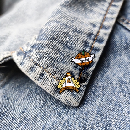 Thanksgiving Day Brooch, Turkey Pumpkin Word Black Alloy Enamel Pins, Badge for Clothes Backpack