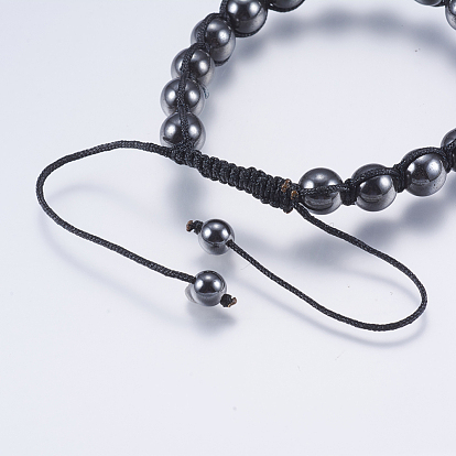 Adjustable Nylon Cord Braided Bead Bracelets, with Magnetic Synthetic Hematite Round Beads