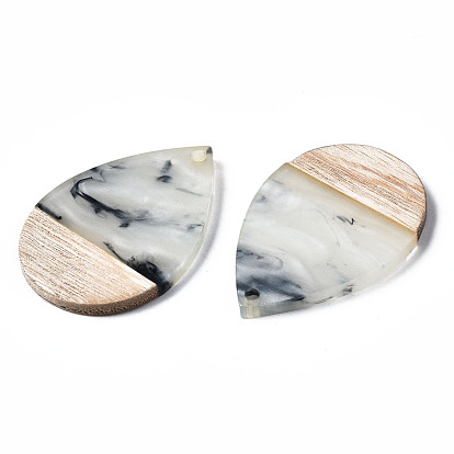 Transparent Resin & Walnut Wood Pendants, Two Tone, Teardrop
