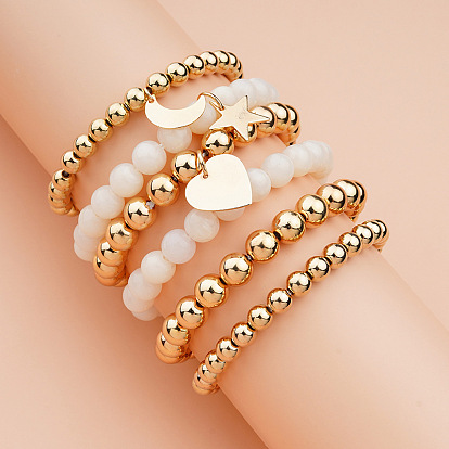 Gold Beaded Bracelet with Star, Heart and Moon Charms in White - Basic European Style