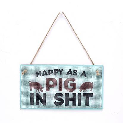 DIY Wall Decor Sign Diamond Painting Kits, Rectangle Wood Board & Word HAPPY AS A PIG IN SHIT, with Acrylic Rhinestone, Pen, Tray Plate, Glue Clay and Hemp Rope