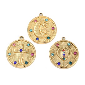 304 из нержавеющей стали горный хрусталь подвески, ионное покрытие (ip), плоско-круглые, текстура