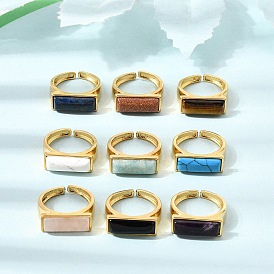 Anillos abiertos tipo brazalete de latón con piedras preciosas naturales para mujer., sin plomo y el cadmio, Rectángulo, revestimiento de iones (ip)