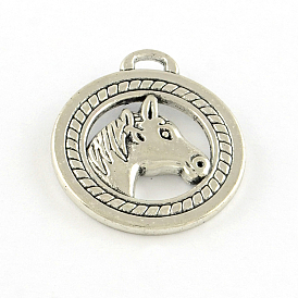Tibetan Style Alloy Pendants, Flat Round with Horse Head, Cadmium Free & Lead Free, 28x25x4mm, Hole: 3.5mm, about 160pcs/1000g